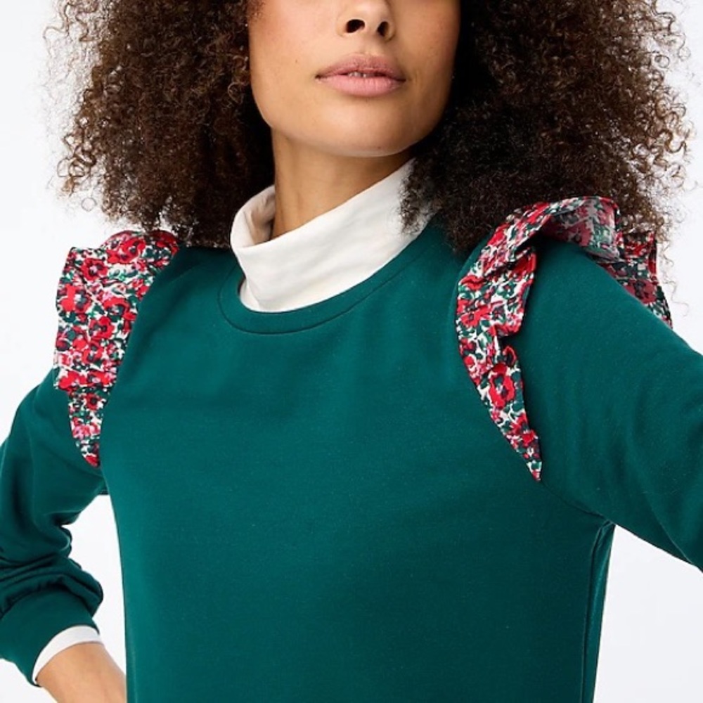 J. Crew | NWT ✨ Floral Academic Green Ruffle Shoulder Sweatshirt - Picture 3 of 8